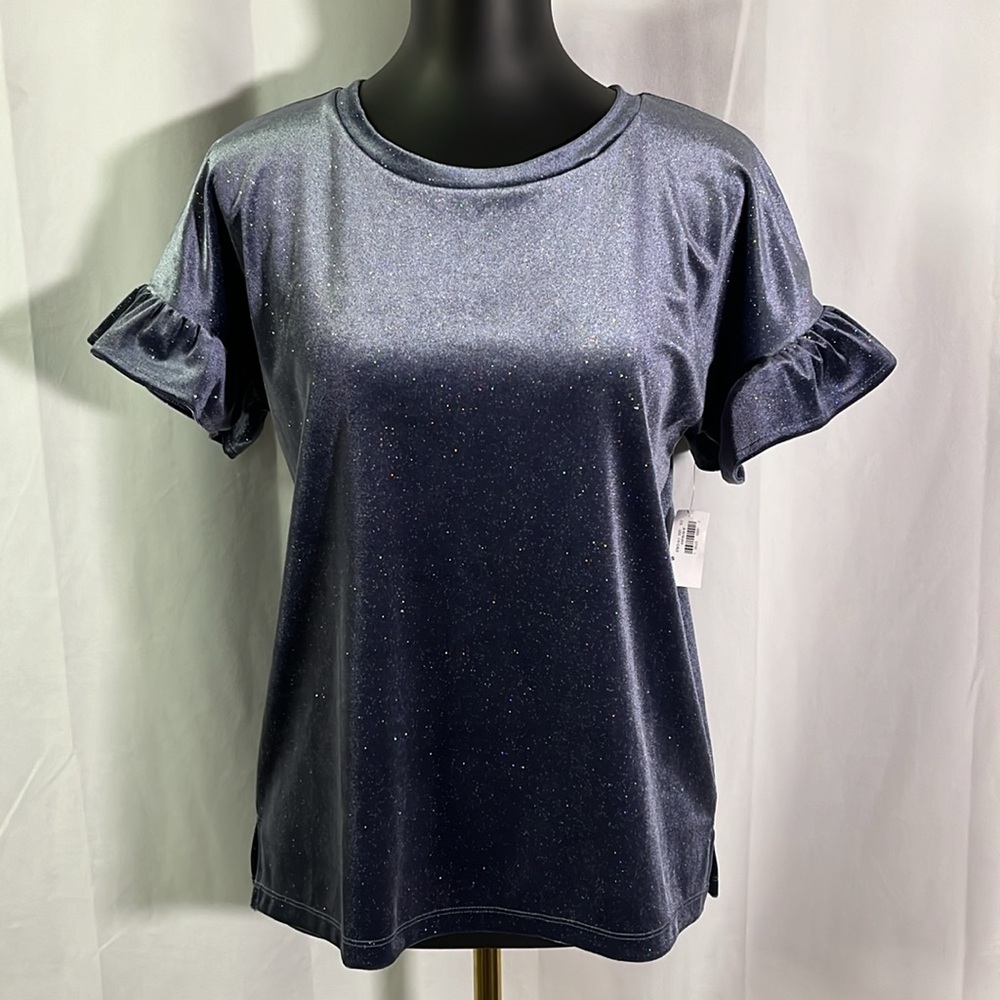 🛍 6 for $35 • NWT Old Navy Blue Glitter Velvet Short Ruffle Sleeve Blouse